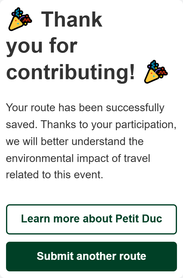 Écran de confirmation du formulaire Petit Duc remerciant le participant après l’envoi de son trajet.