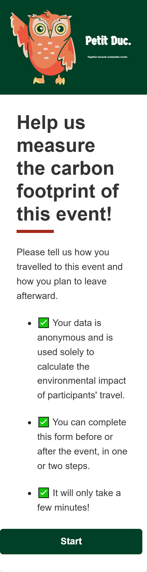 Welcome screen of the Petit Duc form on a phone: an invitation to measure the event’s carbon footprint, with the Start button.