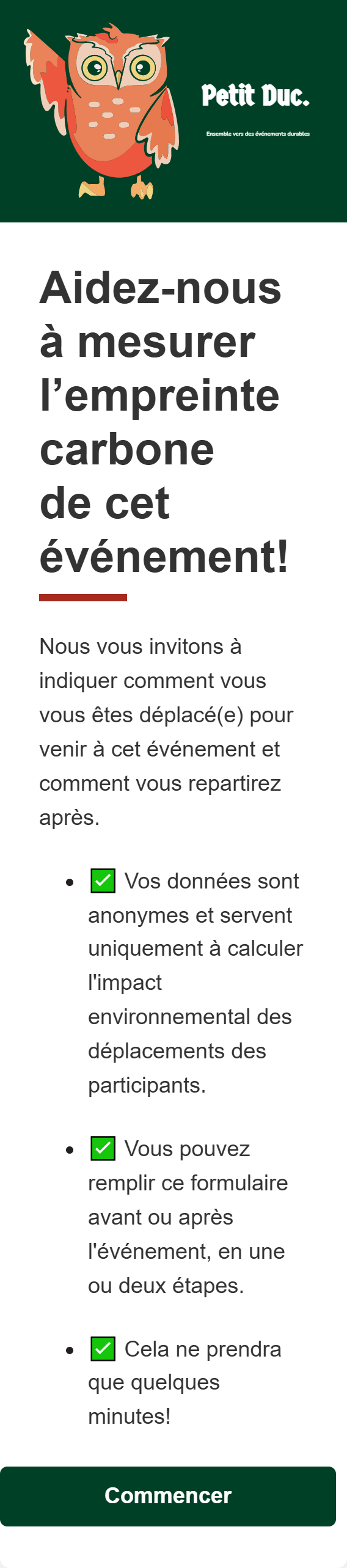 Écran d’accueil du formulaire Petit Duc sur téléphone : invitation à mesurer l’empreinte carbone de l’événement, avec le bouton Commencer.