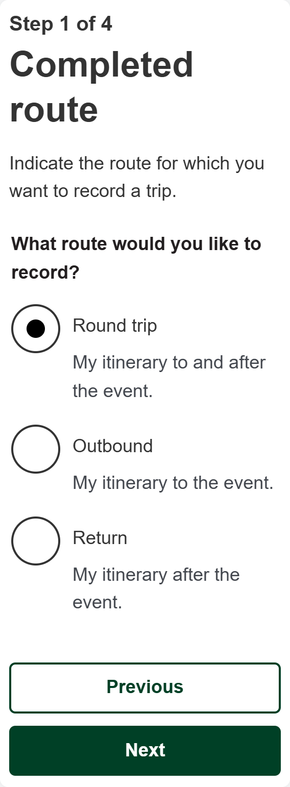 Step 1 of the Petit Duc form on a phone: the participant chooses the route to record — round trip, outbound or return.