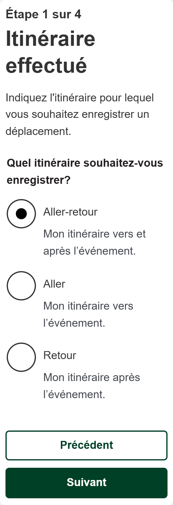 Étape 1 du formulaire Petit Duc sur téléphone : le participant choisit l’itinéraire à enregistrer — aller-retour, aller ou retour.