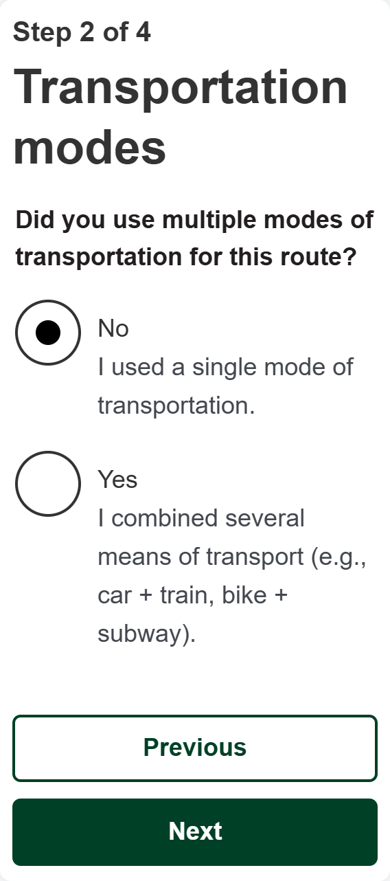Step 2 of the Petit Duc form on a phone: the participant indicates whether they used one or several modes of transportation.
