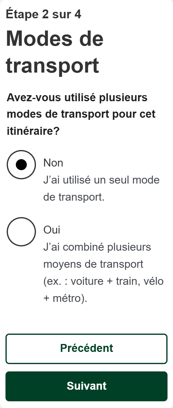 Étape 2 du formulaire Petit Duc sur téléphone : le participant indique s’il a utilisé un ou plusieurs modes de transport.