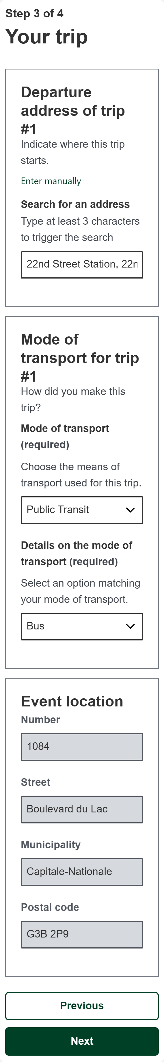 Step 3 of the Petit Duc form on a phone: departure address and mode of transport for the trip.