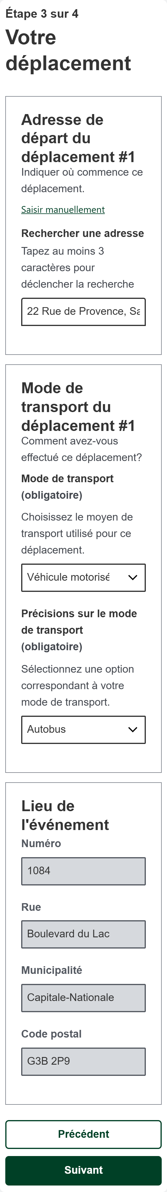 Étape 3 du formulaire Petit Duc sur téléphone : adresse de départ et mode de transport du déplacement.